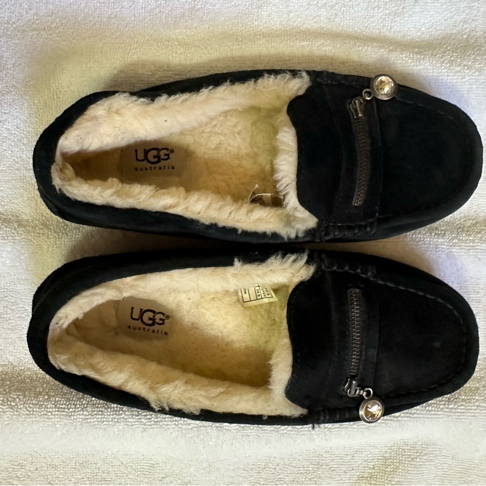 UGG Black Suede Shearling-Lined Moccasin Slippers with Zipper Charm